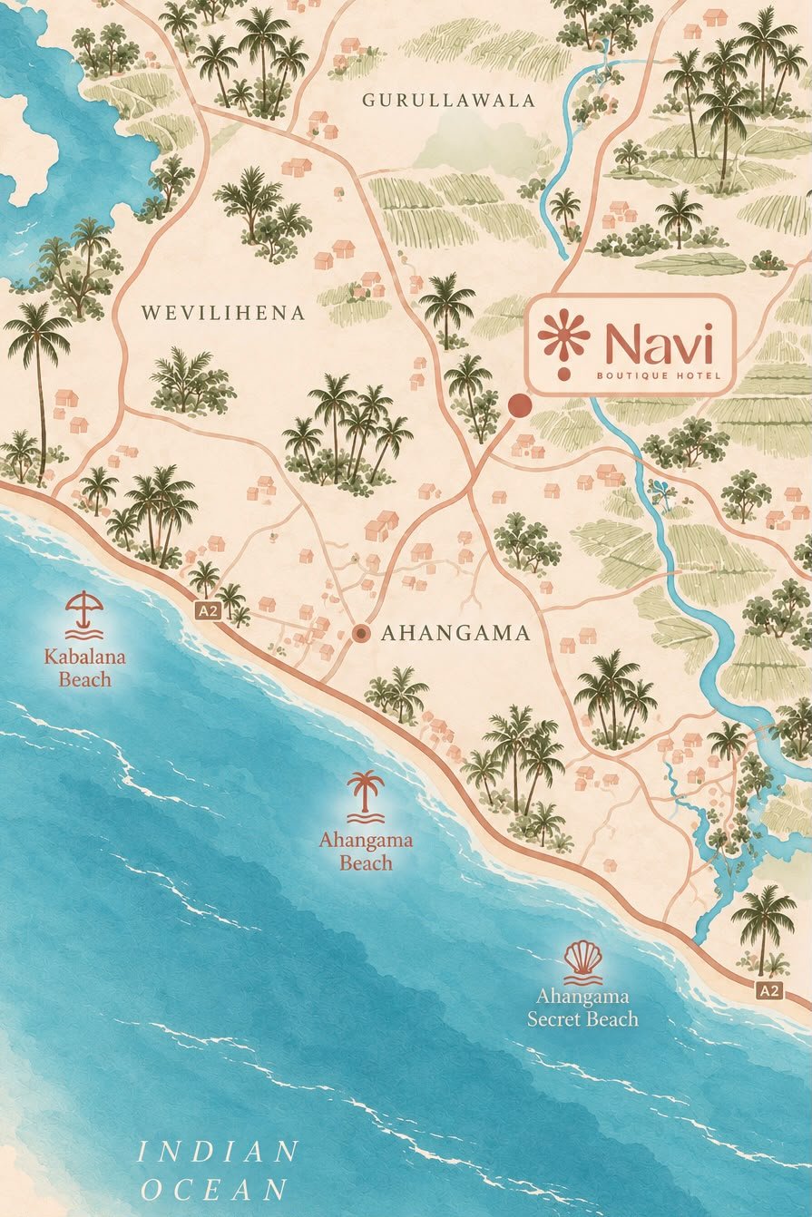 Illustrated map of Ahangama showing Navi Boutique Hotel inland from Ahangama, Kabalana Beach and Ahangama Beach