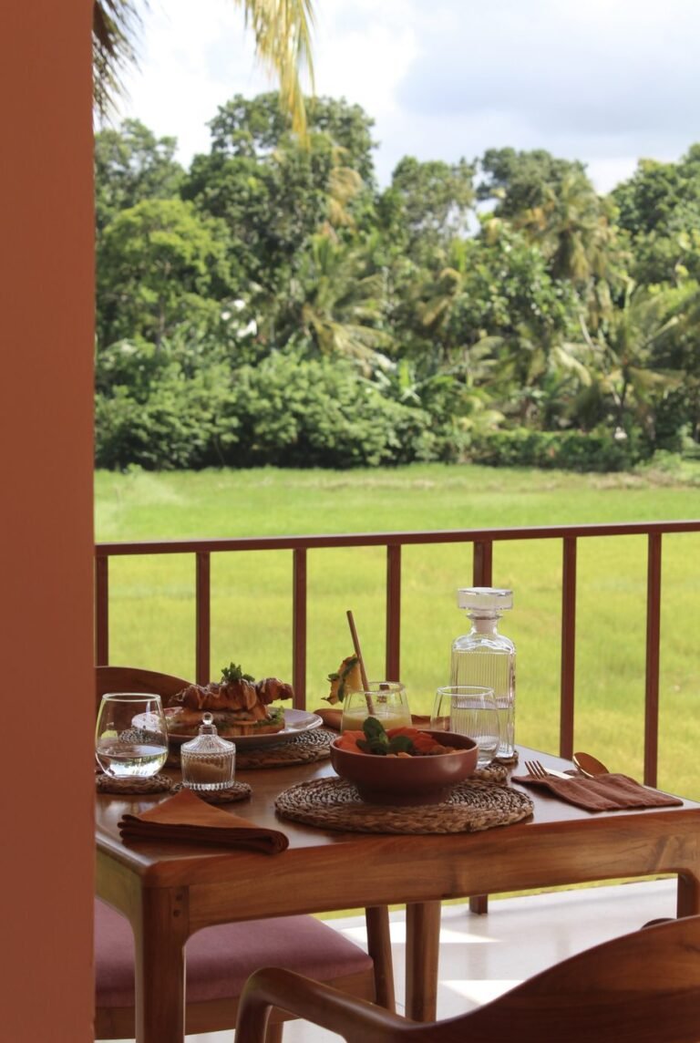 Breakfast on the balcony overlooking the fields