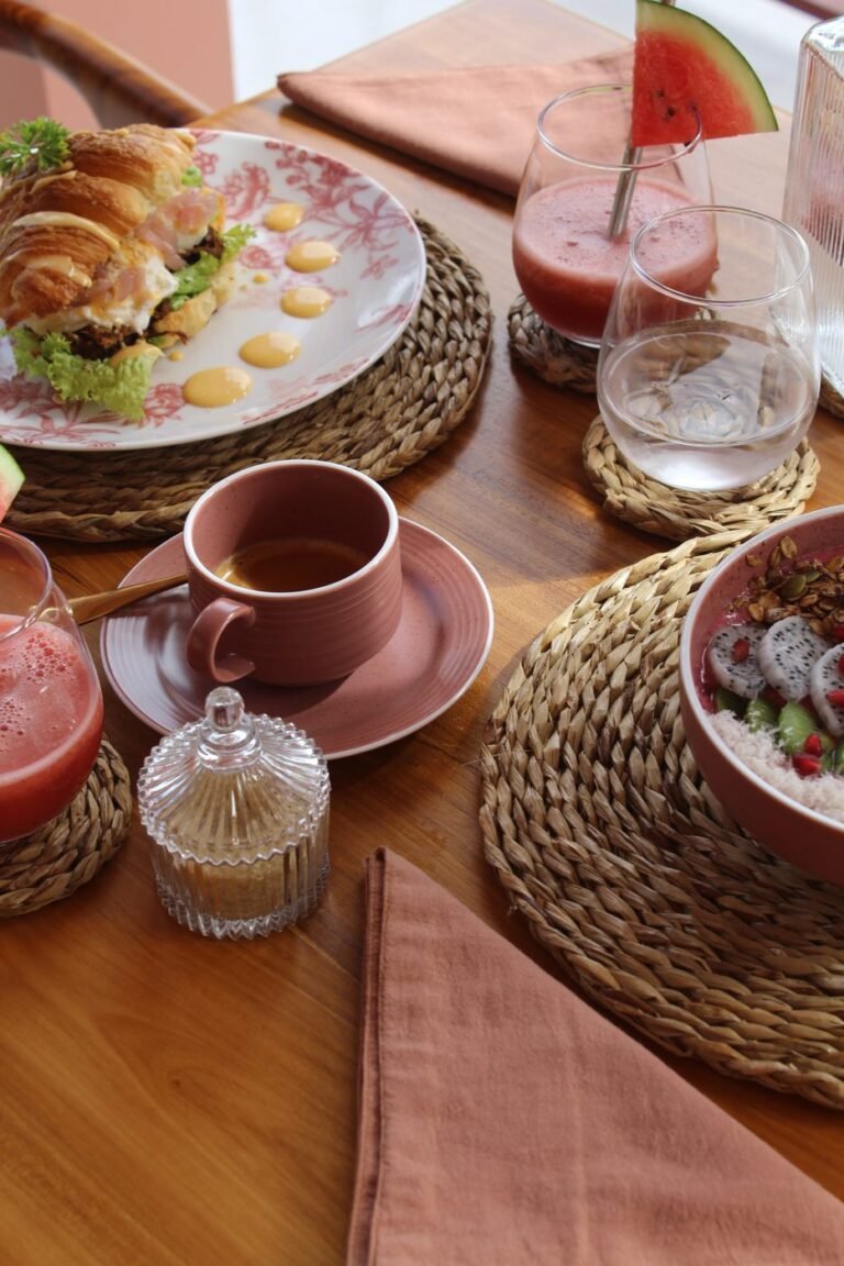 Breakfast with fresh juices and croissants
