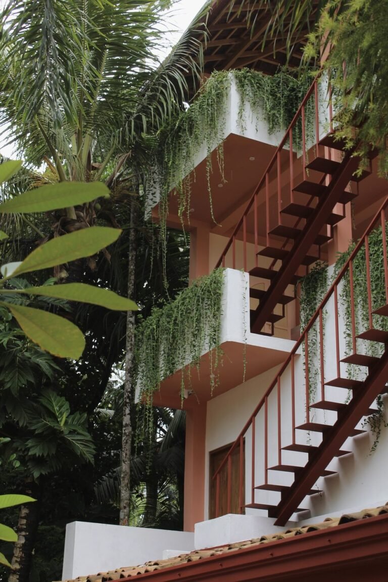 Outdoor staircase surrounded by tropical greenery